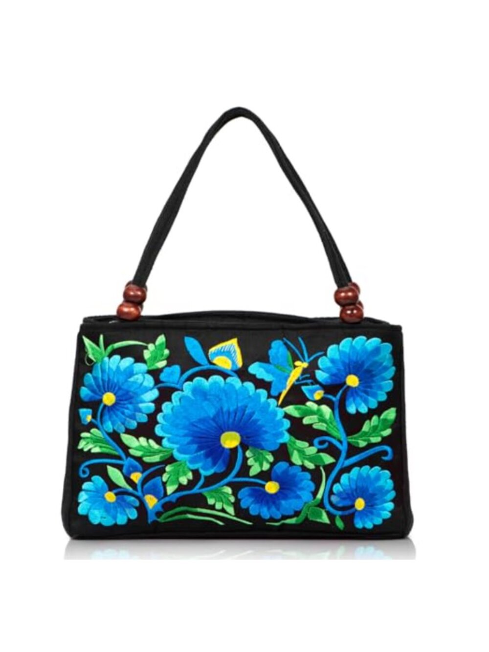Embroidered Canvas Tote Bag Wooden Beads Handles Small Boho Purse